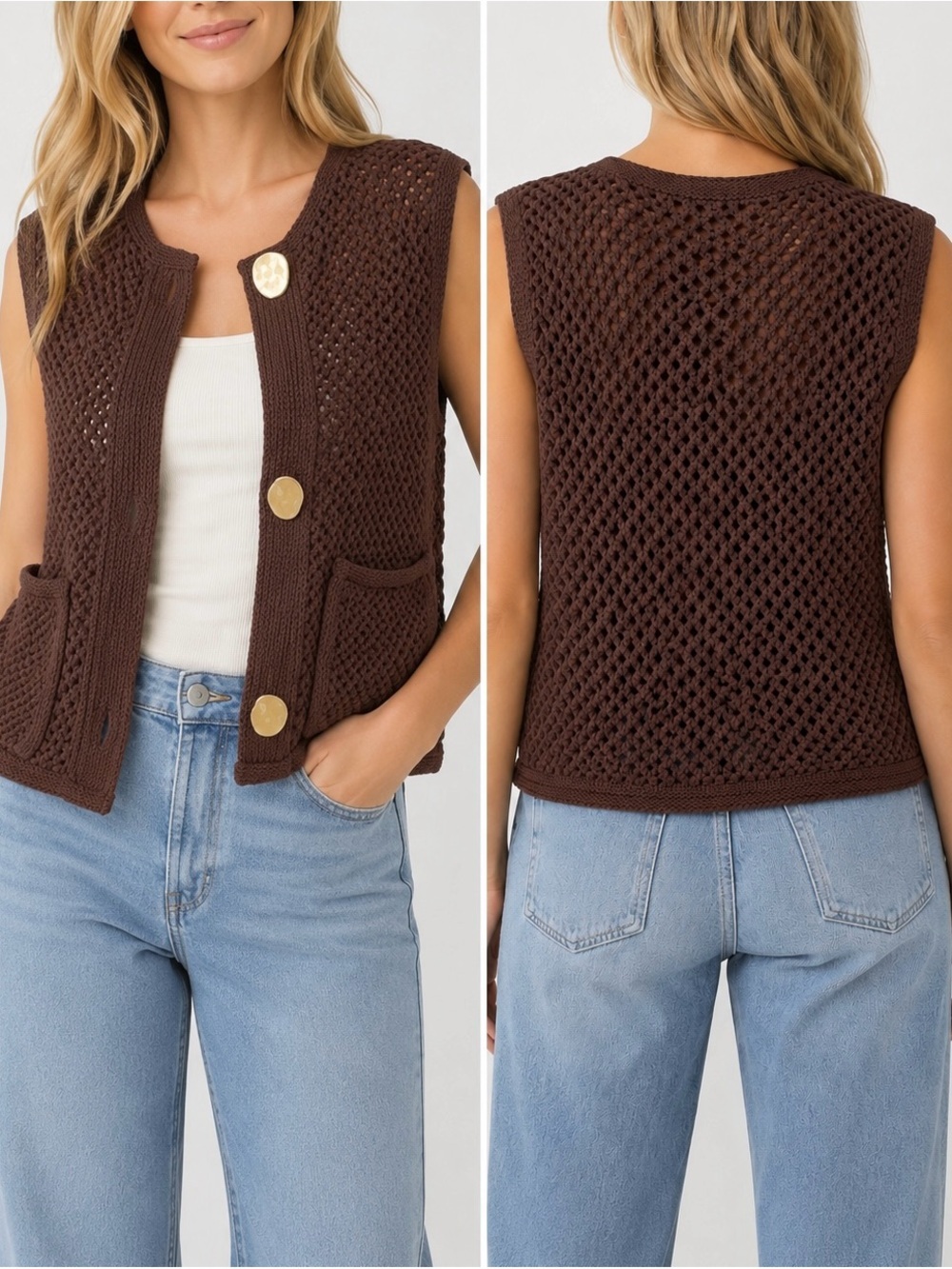 VIGOSS Crochet Sweater Vest Brown Gold Button Open Knit Pocket Preppy NWT